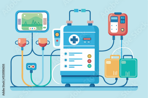 Medical equipment setup for patient monitoring in a clinical environment with various devices and screens