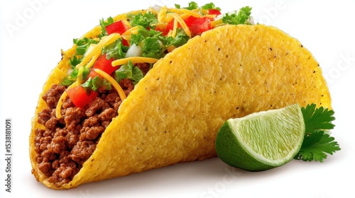 A delicious hard-shell taco filled with ground beef, cheese, tomatoes, and cilantro, garnished with a lime wedge.