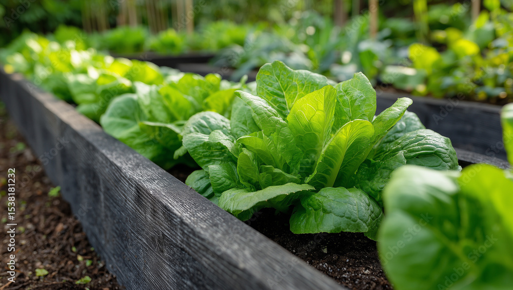 Close-up of fresh green lettuce growing on a wooden raised bed, showcasing organic produce for eco-friendly activities, Earth Day celebrations, and an organic restaurant, sustainable. Close-up of fresh green lettuce growing on a wooden raised bed, showcasing organic produce for eco-friendly activities, Earth Day celebrations, and an organic restaurant, sustainable.