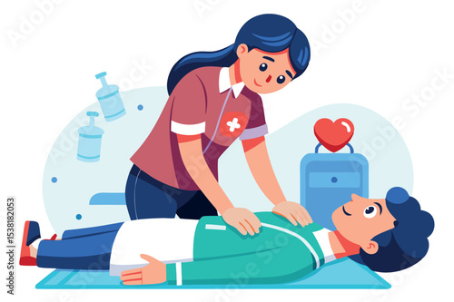 First aid training session in a medical classroom with simulated rescue scenario