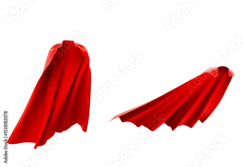 Flowing red cape set - superhero costume fabric in dramatic motion isolated on white. Silk cloak billowing with dynamic movement for hero character design, fantasy illustration or carnival suit.