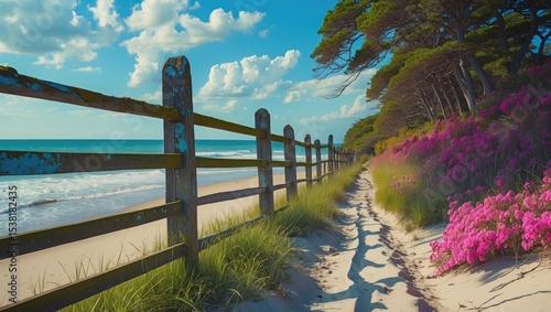 An Old Fence On The Beach along a sandy path with greenery, trees, and pink flowers under a partly cloudy sky.