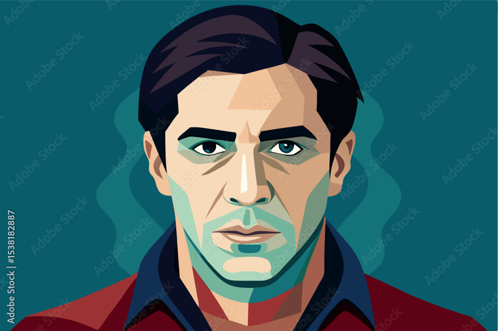 Portrait of a serious man in a stylized design with bold colors, emphasizing facial features and expression in modern art style Portrait of a serious man in a stylized design with bold colors, emphasizing facial features and expression in modern art style