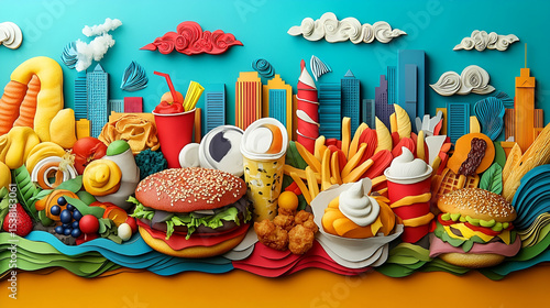 Colorful paper cutouts of fast food and city skyline.