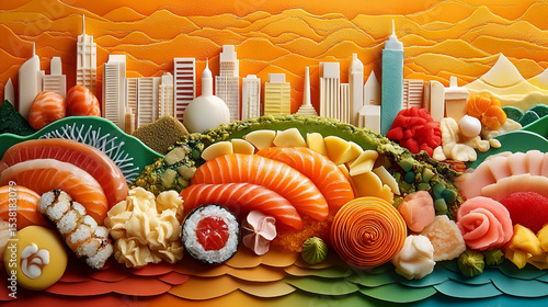 A colorful, artistic food arrangement depicting a city skyline, crafted from various types of sushi and other treats.