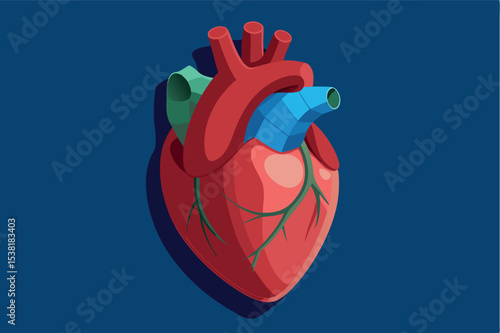 Colorful illustration of a human heart in detail showing arteries and veins