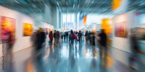 shopping mall, office, business place full of people in motion, blurred people, shopping concept, business background