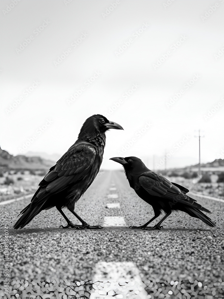 Fototapeta premium Two black ravens on barren desert road. Monochrome wildlife scene with crows facing each other. Symbolic image of choice, destiny, or crossroads concept for book cover or poster