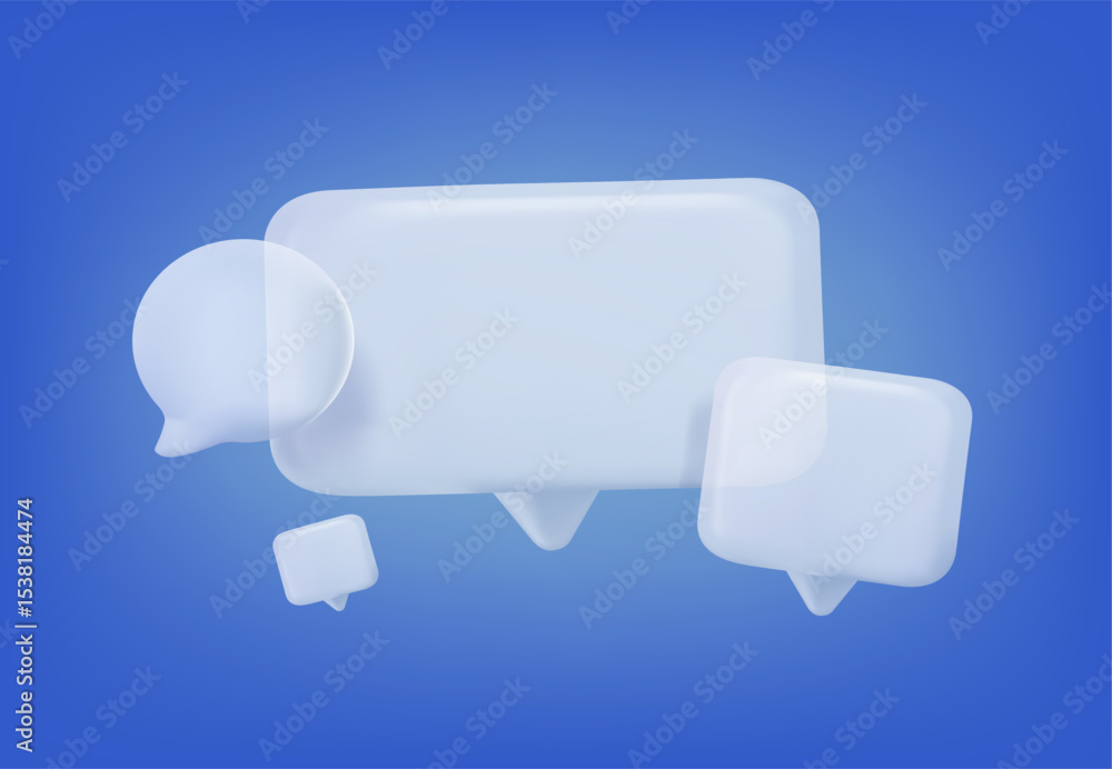 Speaking bubbles 3D render vector illustration. Chat bubble talk icons with notification. Empty text bubbles. Glass modern icons of message notification. Vector illustration