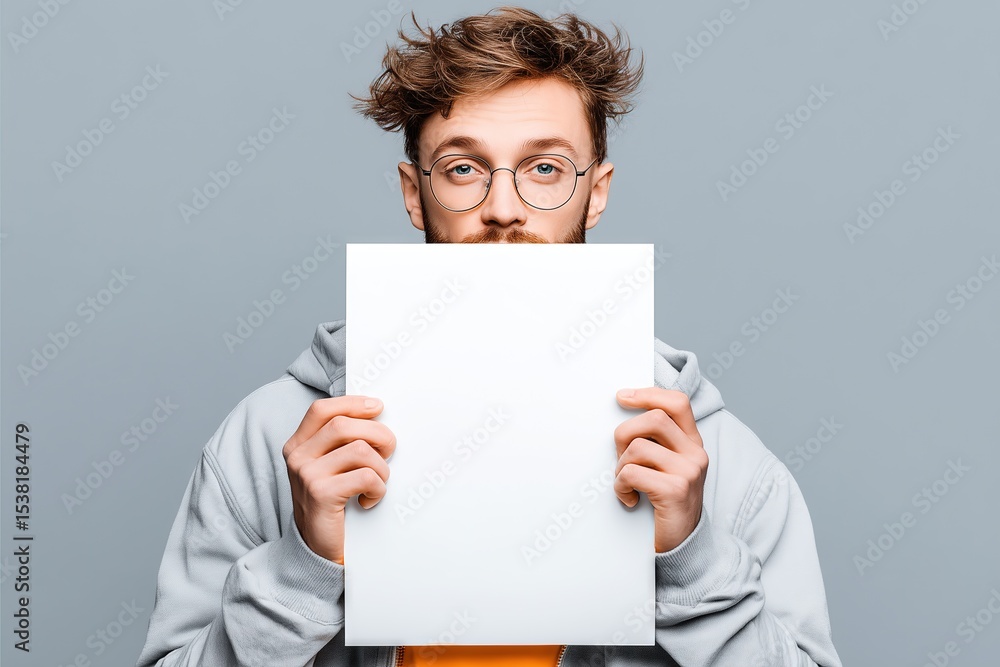 Man with Messy Hair Holding a Blank Paper Mockup Man with Messy Hair Holding a Blank Paper Mockup