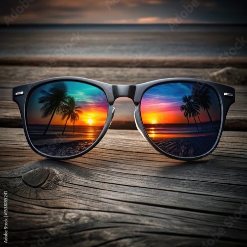 Stylish sunglasses reflecting a beautiful sunset and palm trees on a wooden surface