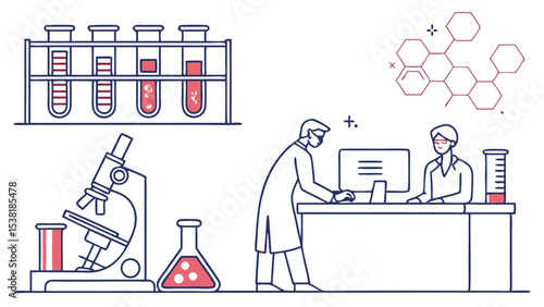 Illustration depicting scientists in a lab with test tubes, microscope, and computer, showing research 100