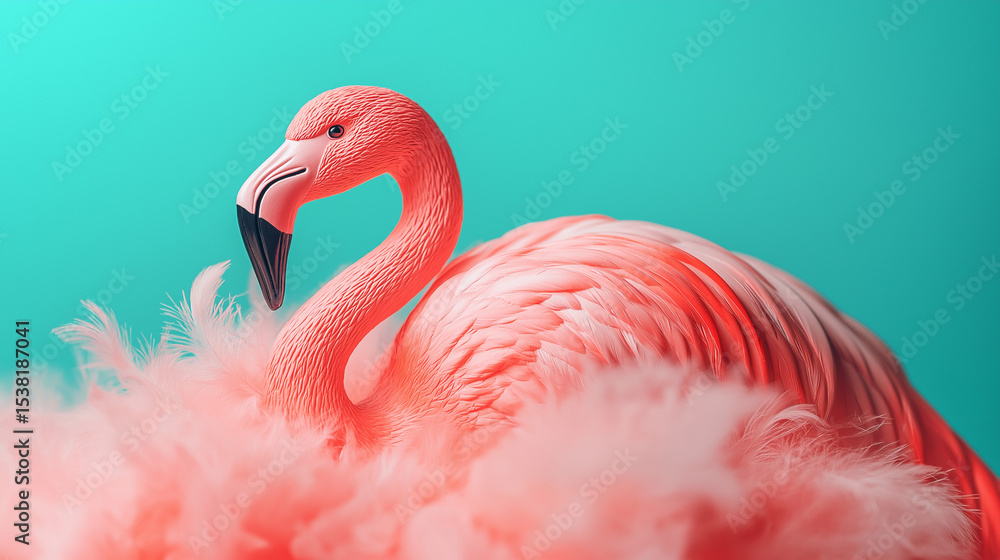 Fototapeta premium A plastic pink flamingo on a pile of pink feathers, on a blue background 