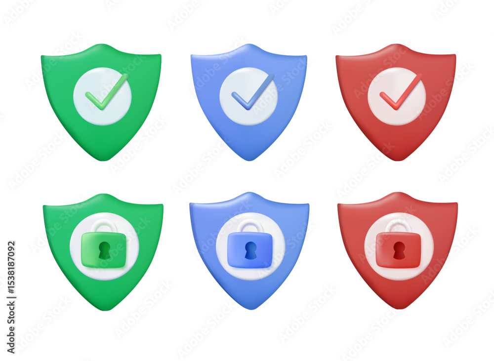 Security shield sign 3D vector illustration, Lock security icon, Set of security shield icons, securityshields symbols with check mark and padlock, Shield security icon, Safety, protection sign Security shield sign 3D vector illustration, Lock security icon, Set of security shield icons, securityshields symbols with check mark and padlock, Shield security icon, Safety, protection sign