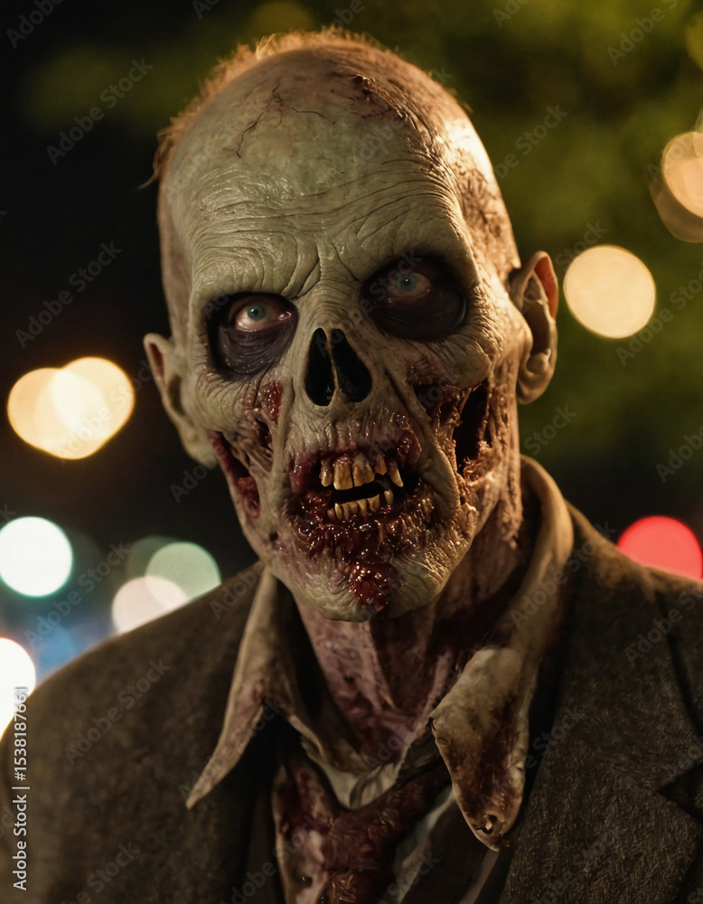Dramatic portrayal of a zombie man with pallid skin and sunken eyes, wearing a torn suit, set against a mystical nighttime cityscape filled with glowing lights Generative AI Dramatic portrayal of a zombie man with pallid skin and sunken eyes, wearing a torn suit, set against a mystical nighttime cityscape filled with glowing lights Generative AI