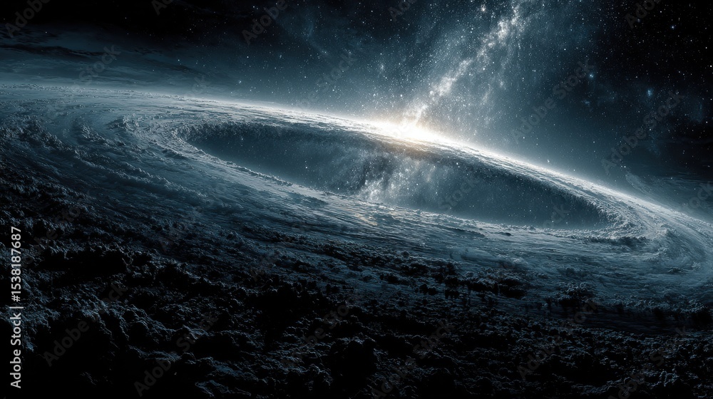 Fototapeta premium Astronomical Phenomenon: Black Hole with Accretion Disk Illuminating a Rocky Terrain