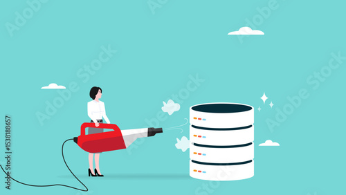 database system, cloud computing technology or file document archive, database administration concept, data network management, security or search, woman work with laptop on database server