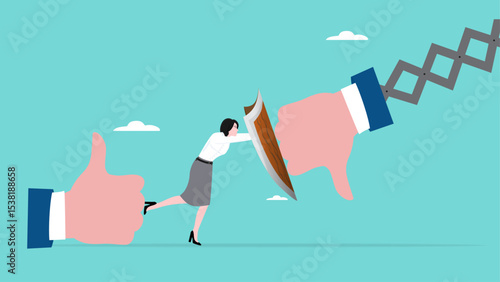 brand reputation protection, managing negative customer reviews, Business woman protect thumbs up reviews from inappropriate customer feedback