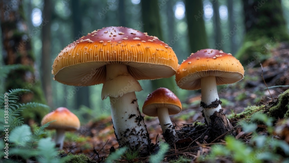 Fototapeta premium Amanita muscaria, known as the fly agaric, depicted amid forest scenery with mushrooms and background.