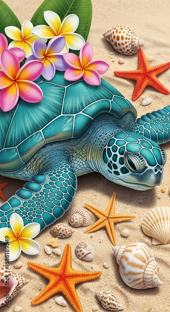 Naklejka premium Beautiful Sea Turtle Resting On Sandy Beach With Tropical Plumeria Flowers And Seashells