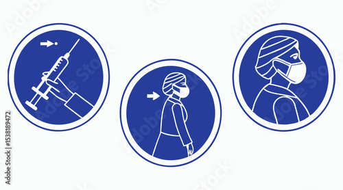 Vaccination process icons, injection, recovery and mask safety measures