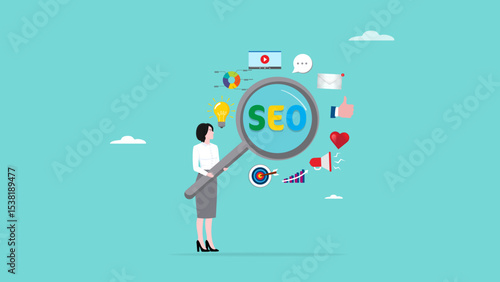 online advertising strategy, branding communication with the target audience, promotion campaign with social media content, woman marketing manager carrying magnifying glass with marketing elements
