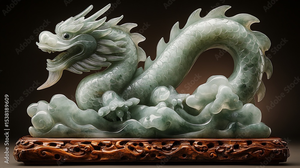 Spiritual dragon statue carved in green jade Spiritual dragon statue carved in green jade