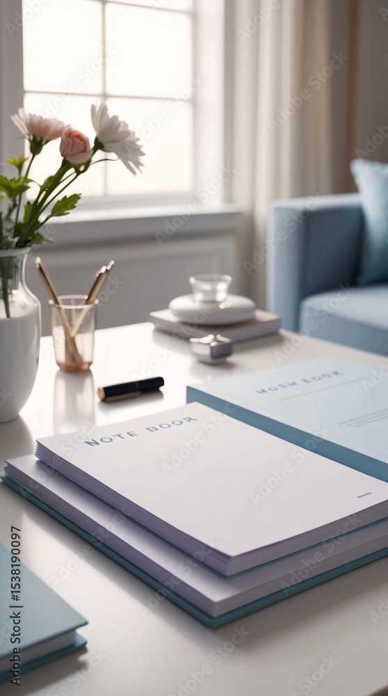 Fototapeta premium photo of white home office desk near window with notebook and elegant stationery in natural morning lighting interior design wallpaper background
