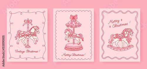 Merry Christmas set of 3 vertical cards with vintage carousel horse, vintage toy rocking horse, bows, hearts. Templates with whimsical animals for invitation, poster, cover. Coquette retro concept