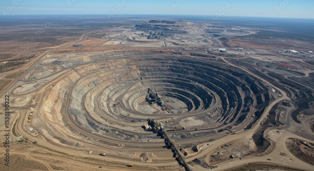 Naklejka premium Aerial view of a massive open-pit mine, revealing intricate layers and infrastructure.