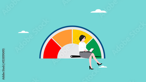 high performance employee, employee rating assessment, excellent staff achievements or candidate performance, employee rating assessment, woman employee work using laptop on high performance indicator