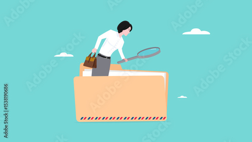 Document, search or file archive, office contract concept, research papers or documentation files, company documents archive, woman looking for files in a document file using a magnifying glass