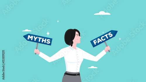 myths vs facts illustration, woman carrying a board with myths and facts written on it concept vector illustration