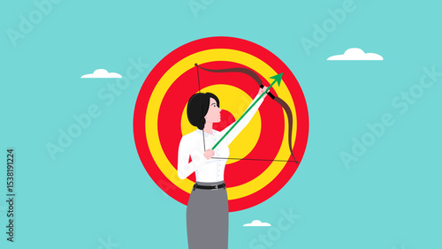 business target, aiming for purpose, ambition or aspiration to success, growth business objective or achievement, leadership or skill to achieve target concept, businesswoman archery aim to hit target
