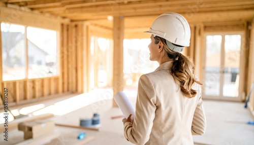 A smiling woman construction worker, an architect or engineer, wears a safety helmet while talking on her phone at a building site.