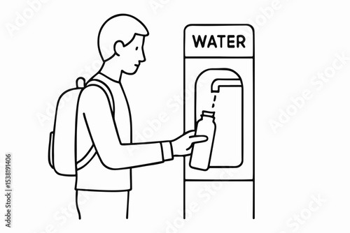 Line Art Illustration Man with Backpack Refilling Water Bottle at Public Water Fountain Promoting Hydration and Sustainable Practices in a Minimalist Design minimalist line