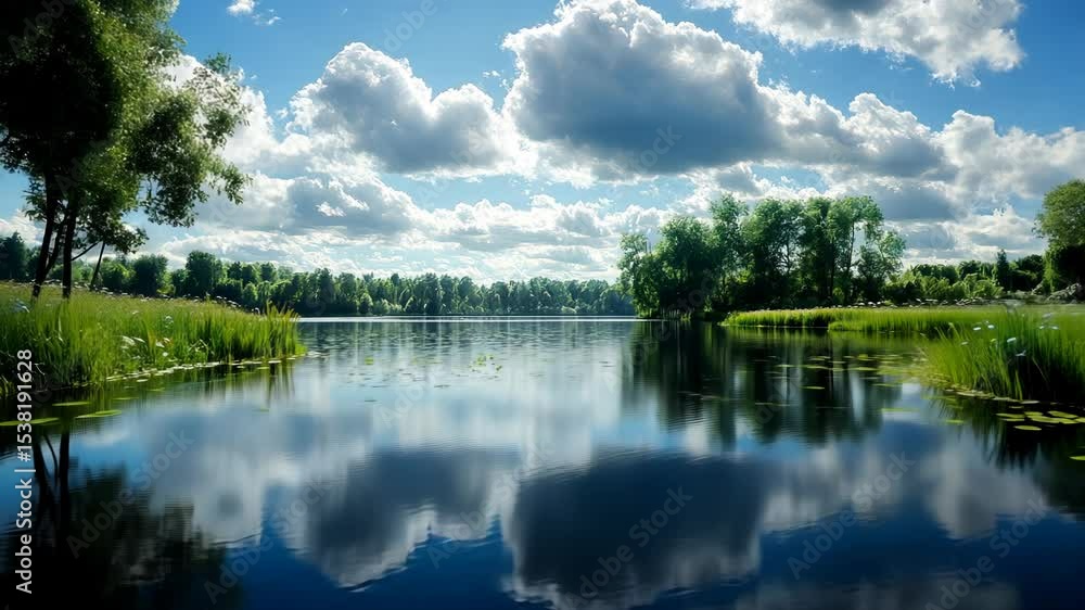 Tranquil lake scene with lush greenery and a cloudy sky Tranquil lake scene with lush greenery and a cloudy sky