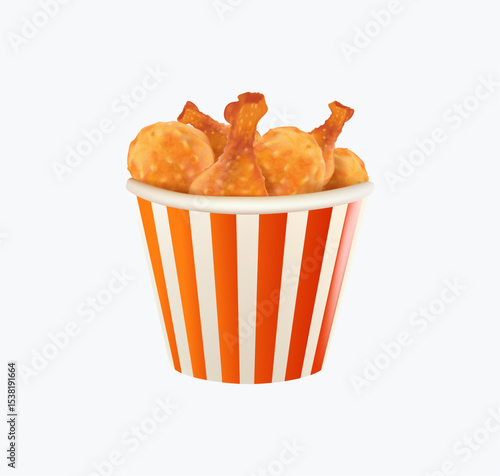 A crispy fried chicken bucket, with golden pieces of chicken. Fried chicken 3D render vector illustration. Barbecue grilled fried poultry, greasy fast food, tasty unhealthy snack with crispy fillet