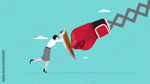 Business threat or problem, challenge or survive to win, survive and struggle to face business competition, defensive business woman using shield to face boxing glove with spring