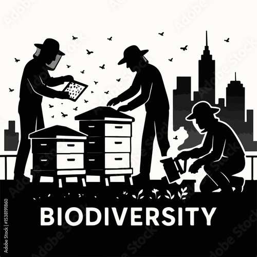 Urban Beekeeping and Biodiversity A Black and White Illustration Featuring Beekeepers Tending to Hives in a Cityscape Emphasizing the Importance of Ecological Balance and Sustainable