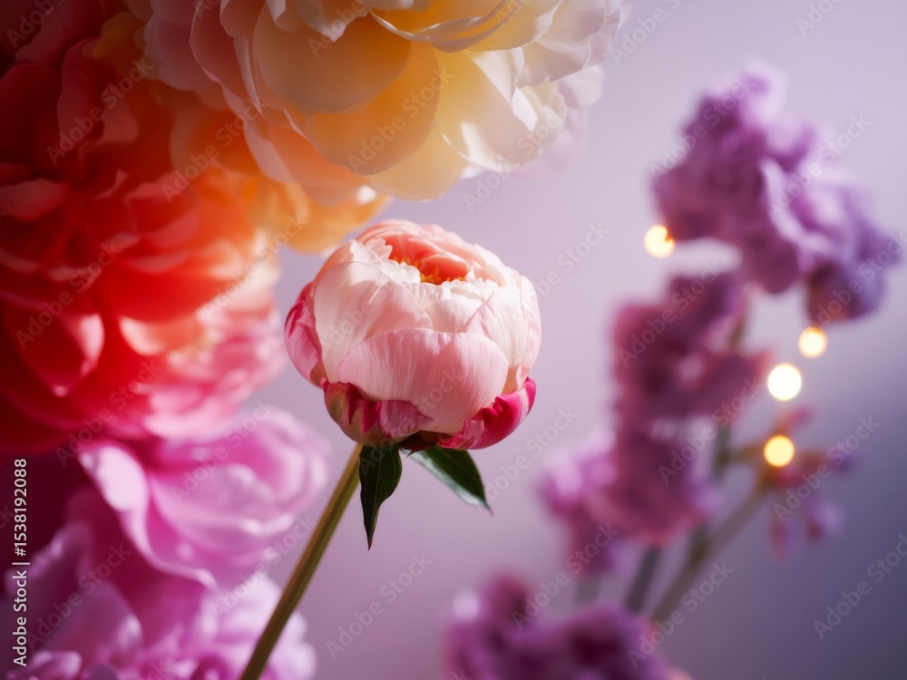 Delicate pink peony bloom among colorful flowers Delicate pink peony bloom among colorful flowers