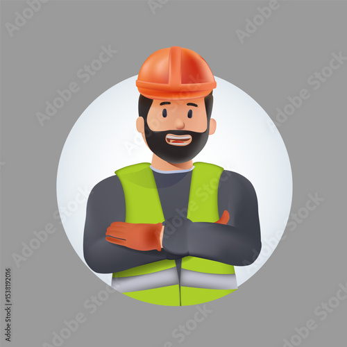 Construction site manager 3D render illustration. Young an worker standing wearing safety vest and helmet, thinking at construction site. Young architect watching construction site with confidence