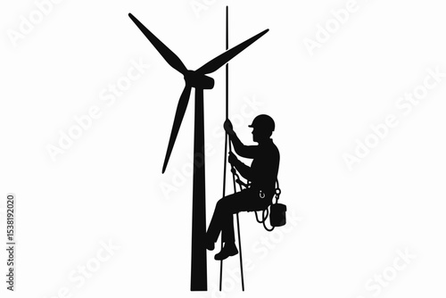 Silhouette of a Wind Turbine Technician Ascending a Tower Renewable Energy Maintenance and Skilled Labor in the Clean Energy Sector Depicting Sustainable Technology This
