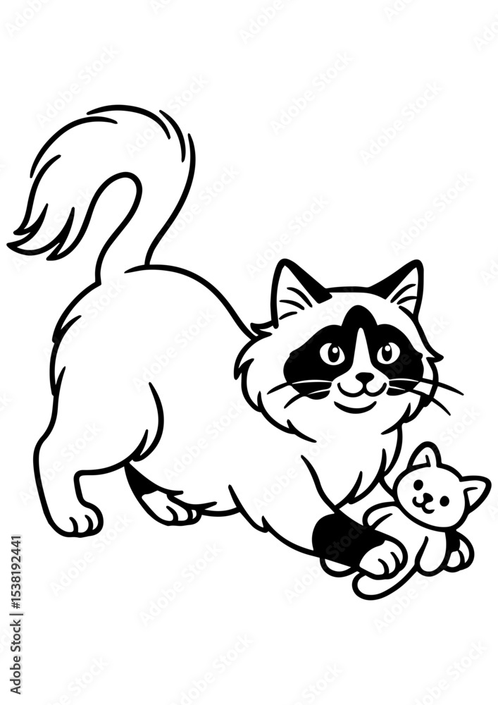 Black and white vector of a ragdoll cat stretching while holding a teddy bear. Perfect for engraving, prints, and cute animal-themed projects Black and white vector of a ragdoll cat stretching while holding a teddy bear. Perfect for engraving, prints, and cute animal-themed projects