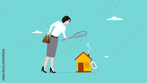 house investment, real estate price growth or mortgage calculation chart, buy or rent house decision, Housing price rising up, smart business woman property expertise presenting house pricing graph