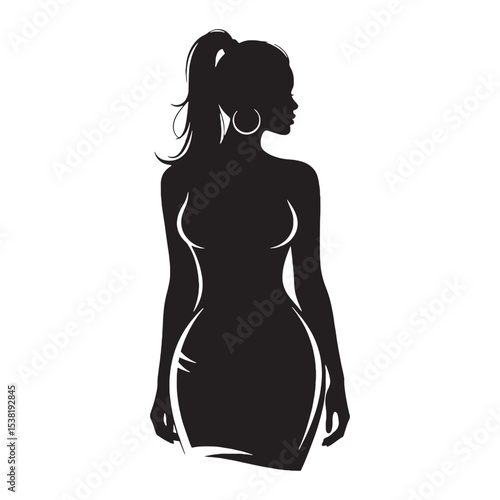 Vibrant Portrait Curvy Lady Graceful Shape Illustration, Standing Still in a Pleasing and Nice Way - curvy lady silhouette - curvy lady vector - silhouette of curvy lady
