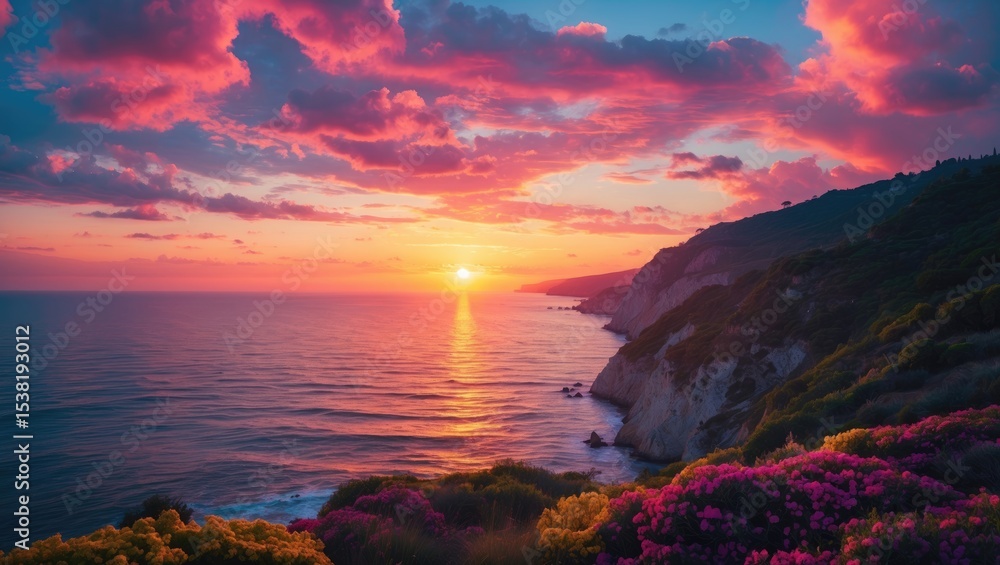 Fototapeta premium Sunset Over Coast Near cliffs with vibrant clouds and colorful flowers in the foreground. Scenic view of the ocean during sunset.