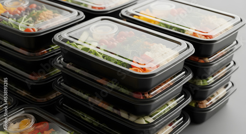 Meal Prep Containers with Fresh Salads, Takeaway Food, Healthy Eating, Portion Control, Food Delivery, Restaurant Orders.