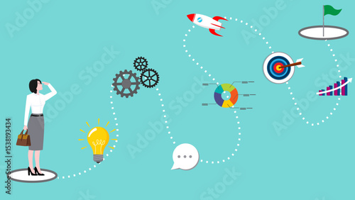 winning business plan, strategy step to achieve business goal, flowchart to succeed concept, project management on career journey, business woman walk on winning business plan journey