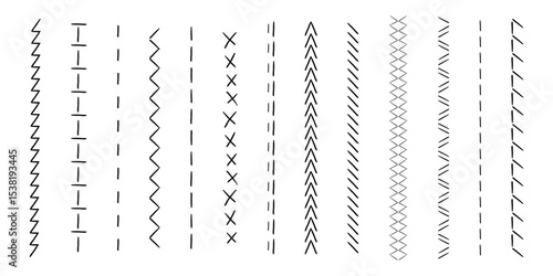 Sewing machine, embroidery border line zig zag hatch. Geometric fabric needlework, thread sew brushes, sewing seams. 